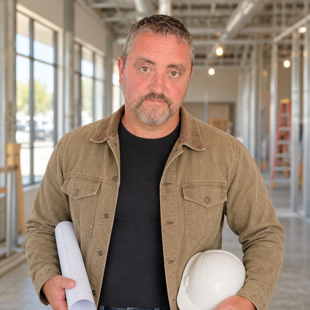 Joe of Brodhagen Builders at a retail store construction site holding a hard hat and rolled plans
